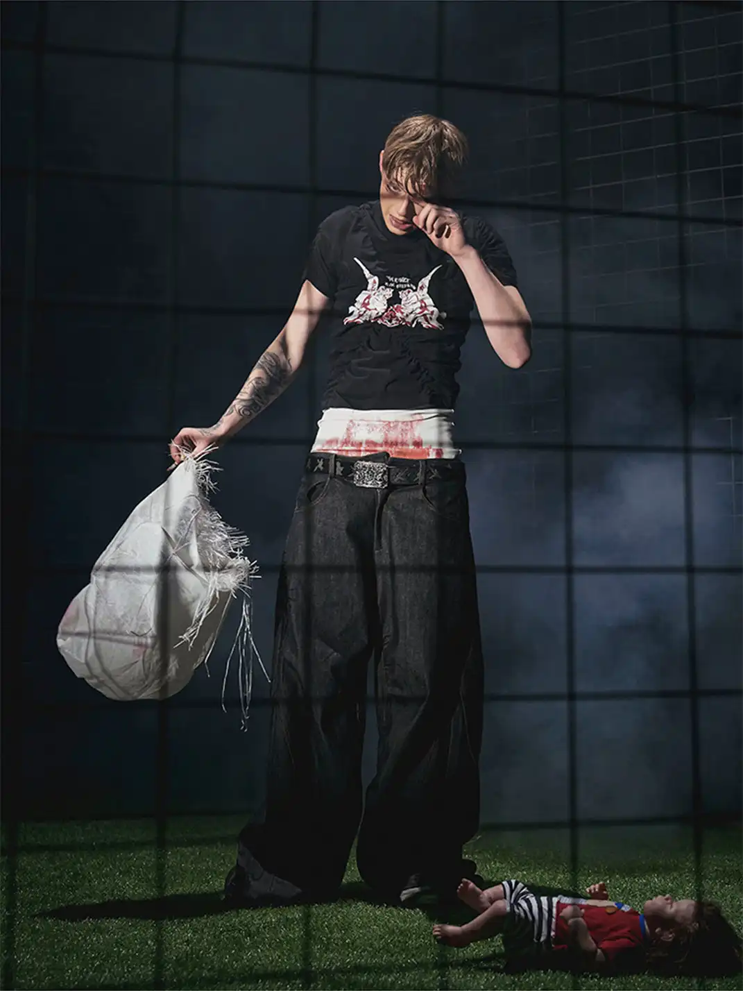 Fourth3ex | Black Red Print Pleated T-Shirt