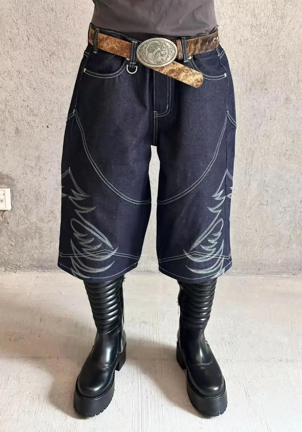 REGEN ZONE | "RIOT" Armor Embroidered Raw Denim Shorts
