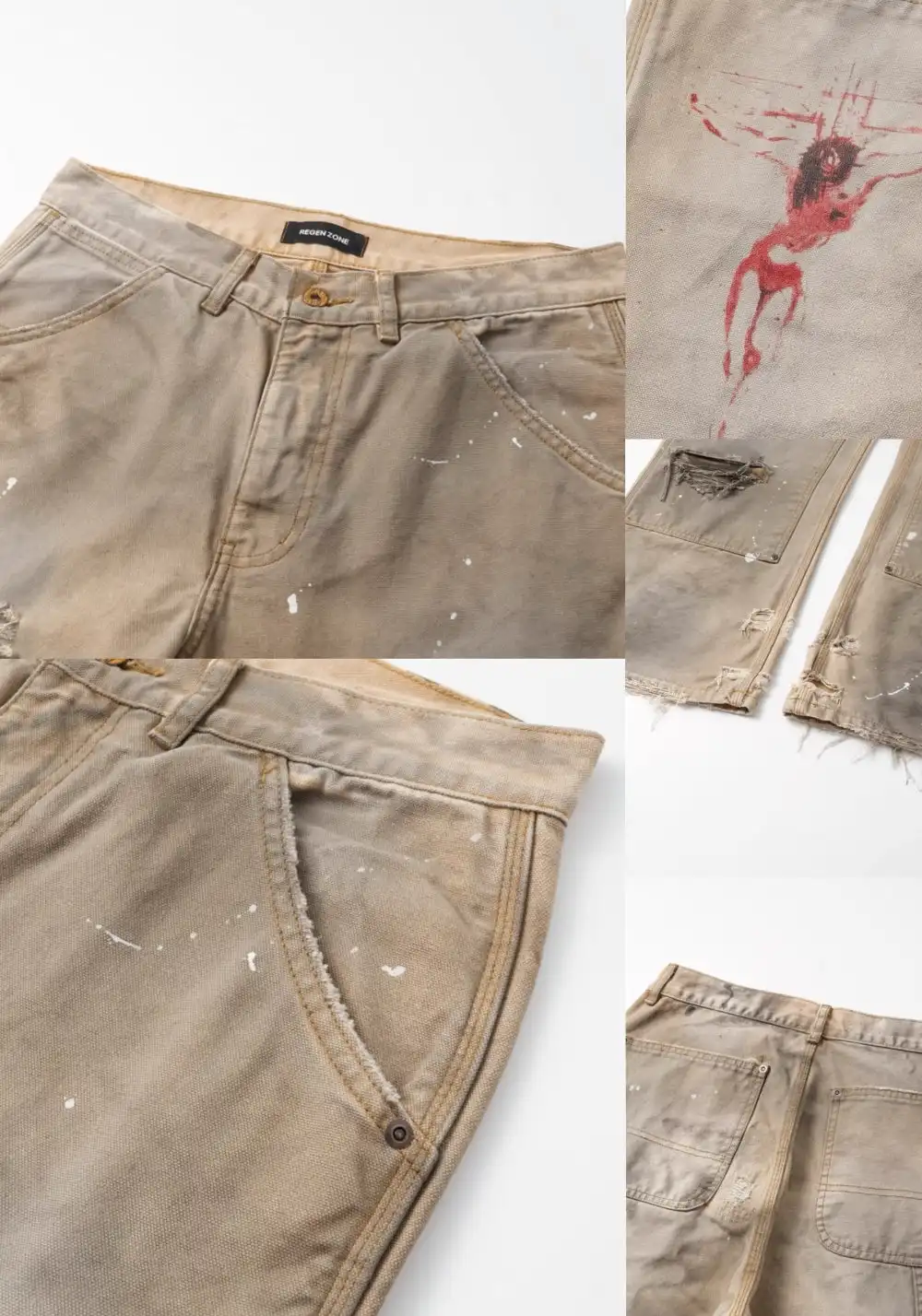 REGEN ZONE | "RIOT" Dirty White Cross Distressed Logger Pants