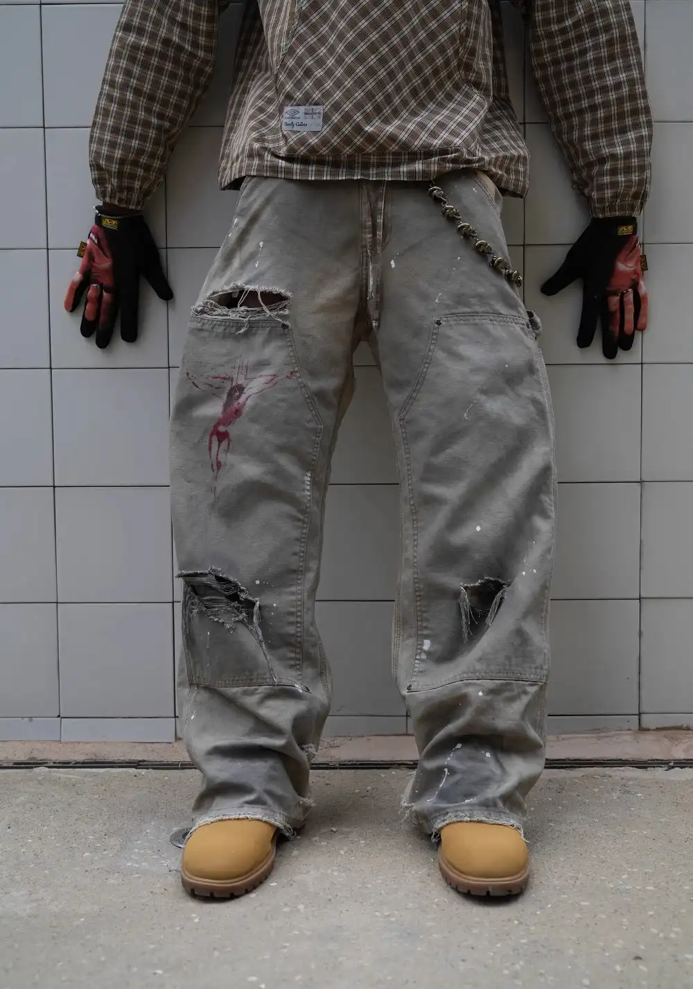 REGEN ZONE | "RIOT" Dirty White Cross Distressed Logger Pants