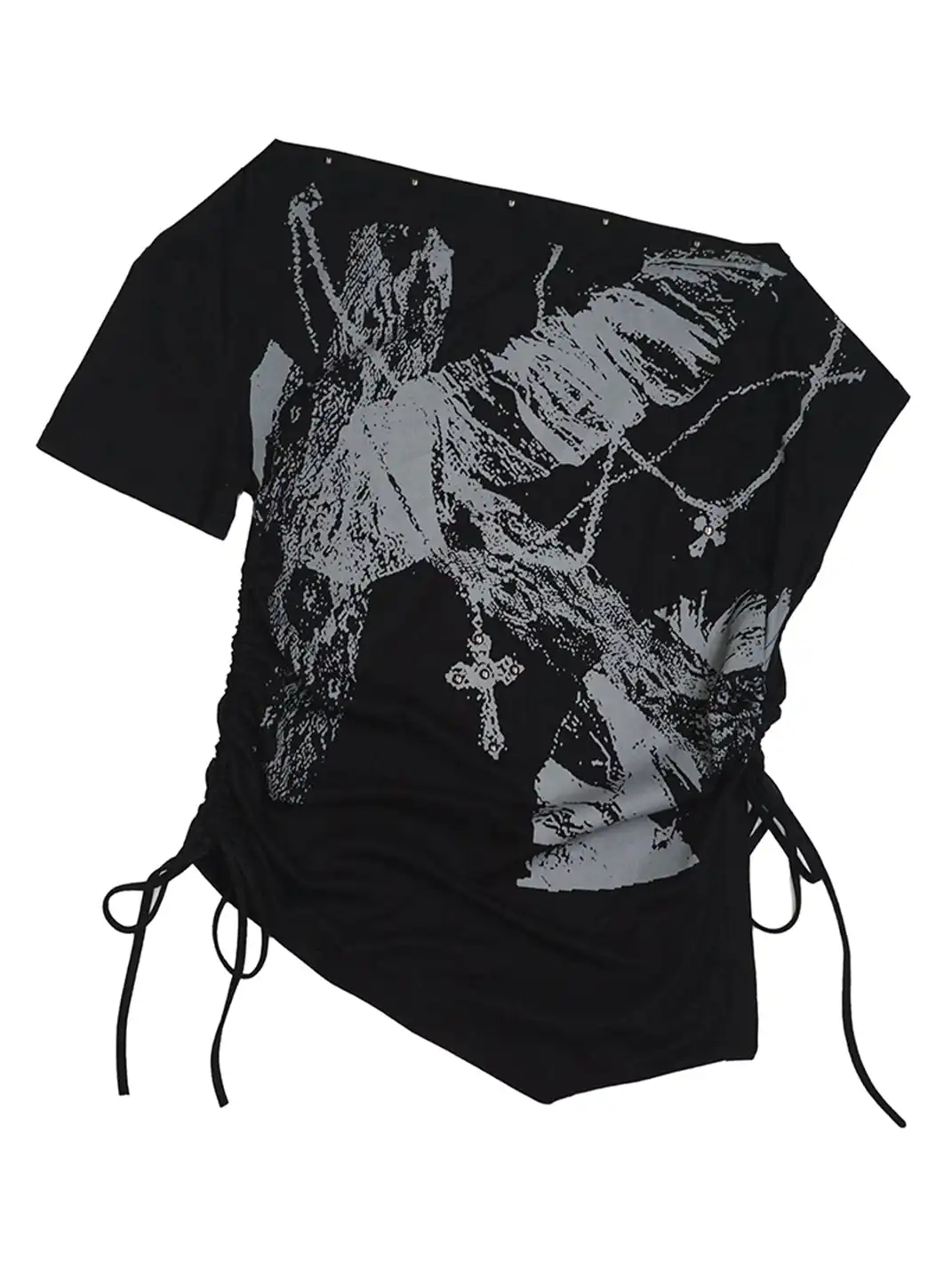 CestNous|Off Shoulder Drawstring Oversize Print Tee-Black
