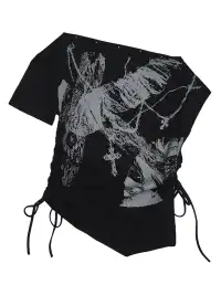 CestNous|Off Shoulder Drawstring Oversize Print Tee-Black