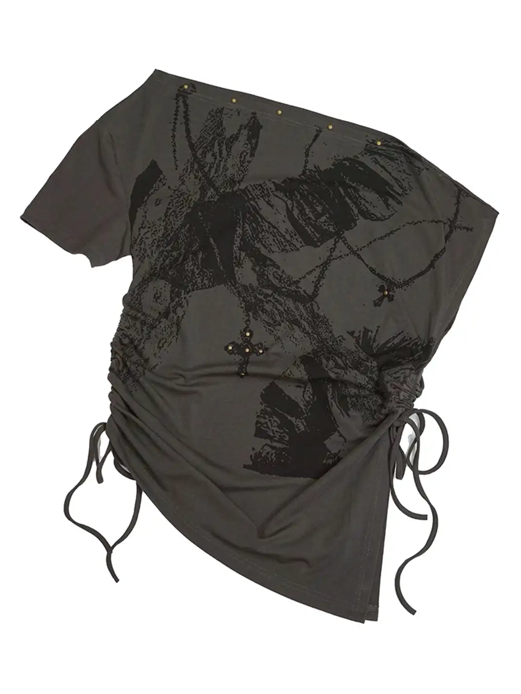 CestNous|Off Shoulder Drawstring Oversize Print Tee-Gray