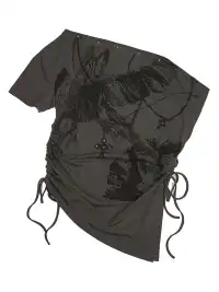 CestNous|Off Shoulder Drawstring Oversize Print Tee-Gray