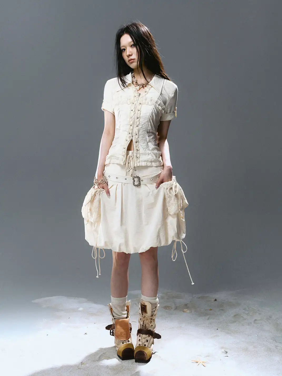 CestNous|Ruffled Studded Gothic Crop Shirt-White