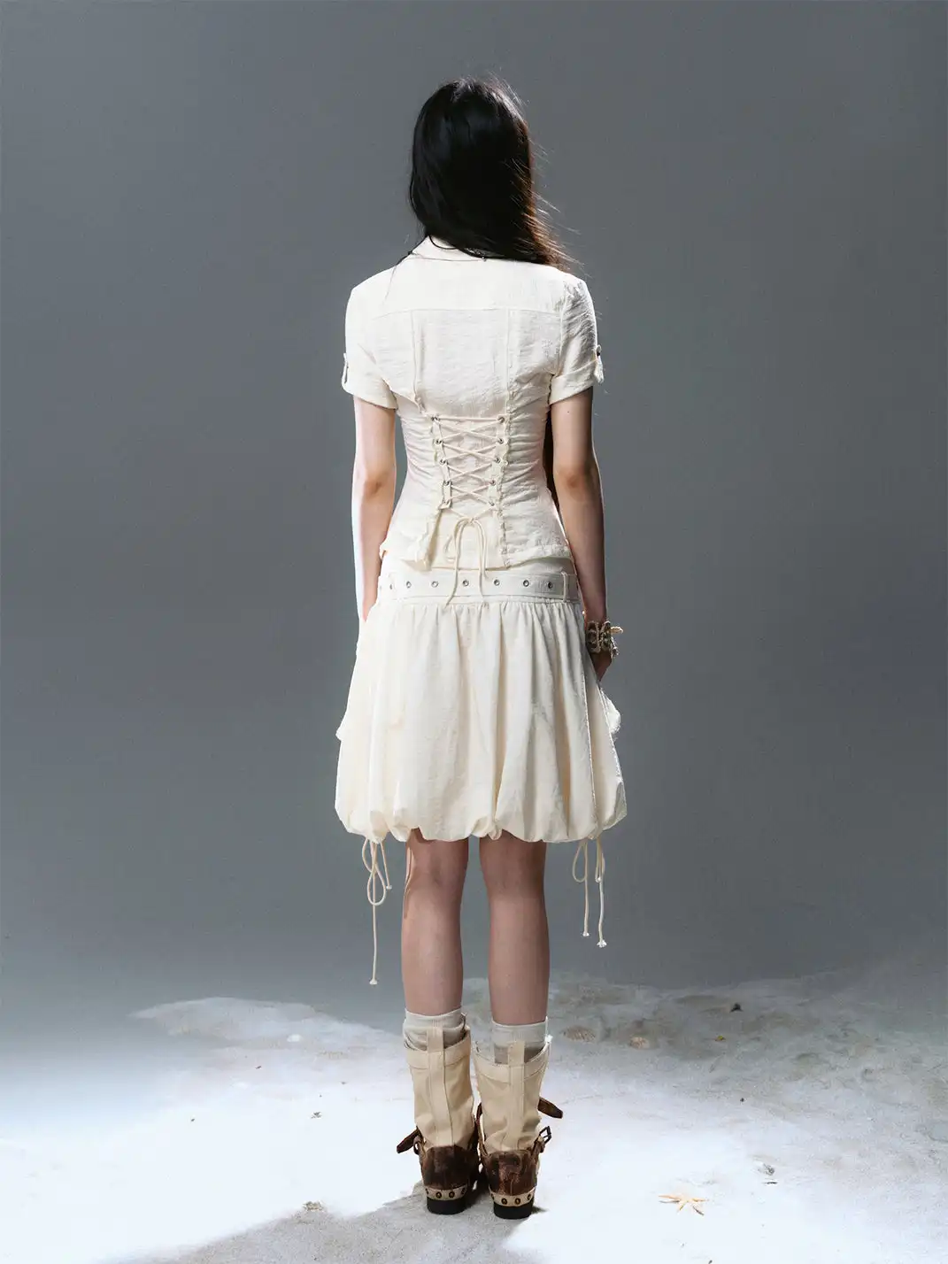 CestNous|Ruffled Studded Gothic Crop Shirt-White