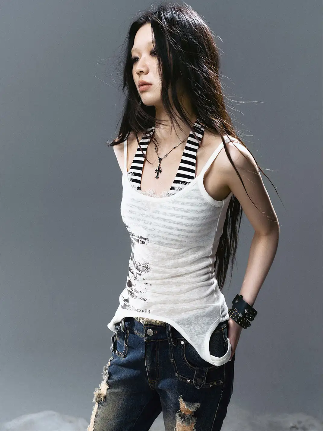 CestNous|Layered Halter Neck Printed Tank Top-White