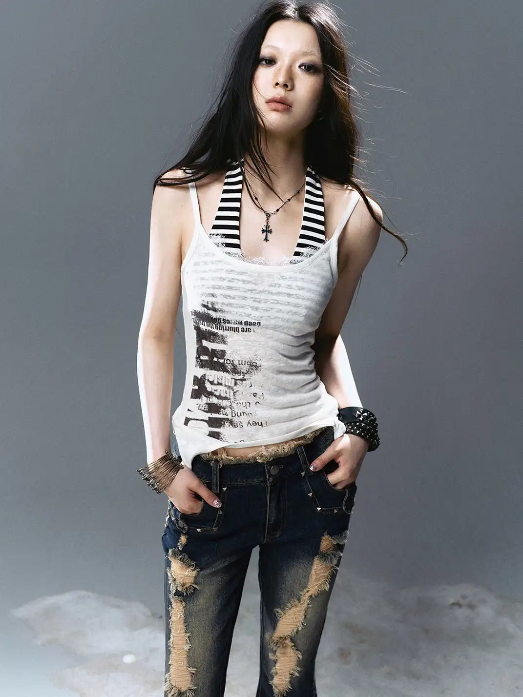 CestNous|Layered Halter Neck Printed Tank Top-White