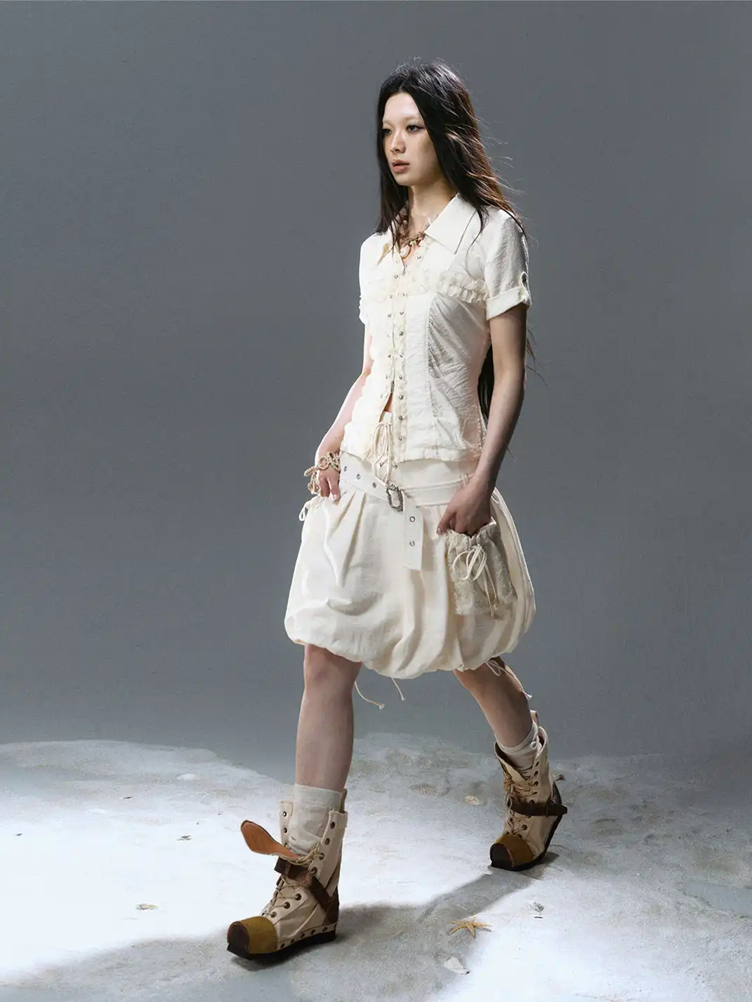 CestNous｜High Waist Studded Cargo Bubble Skirt-White