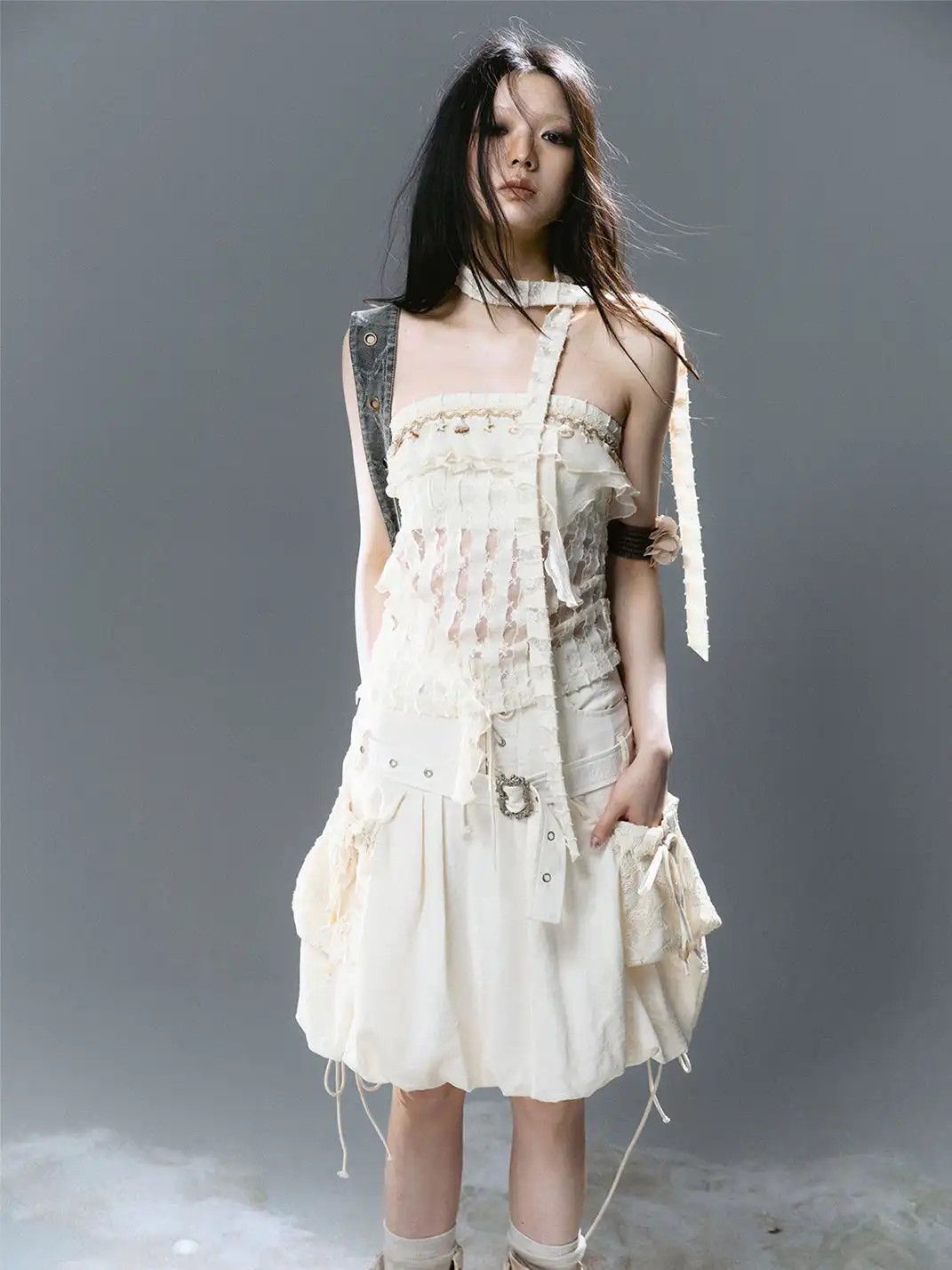 CestNous｜High Waist Studded Cargo Bubble Skirt-White