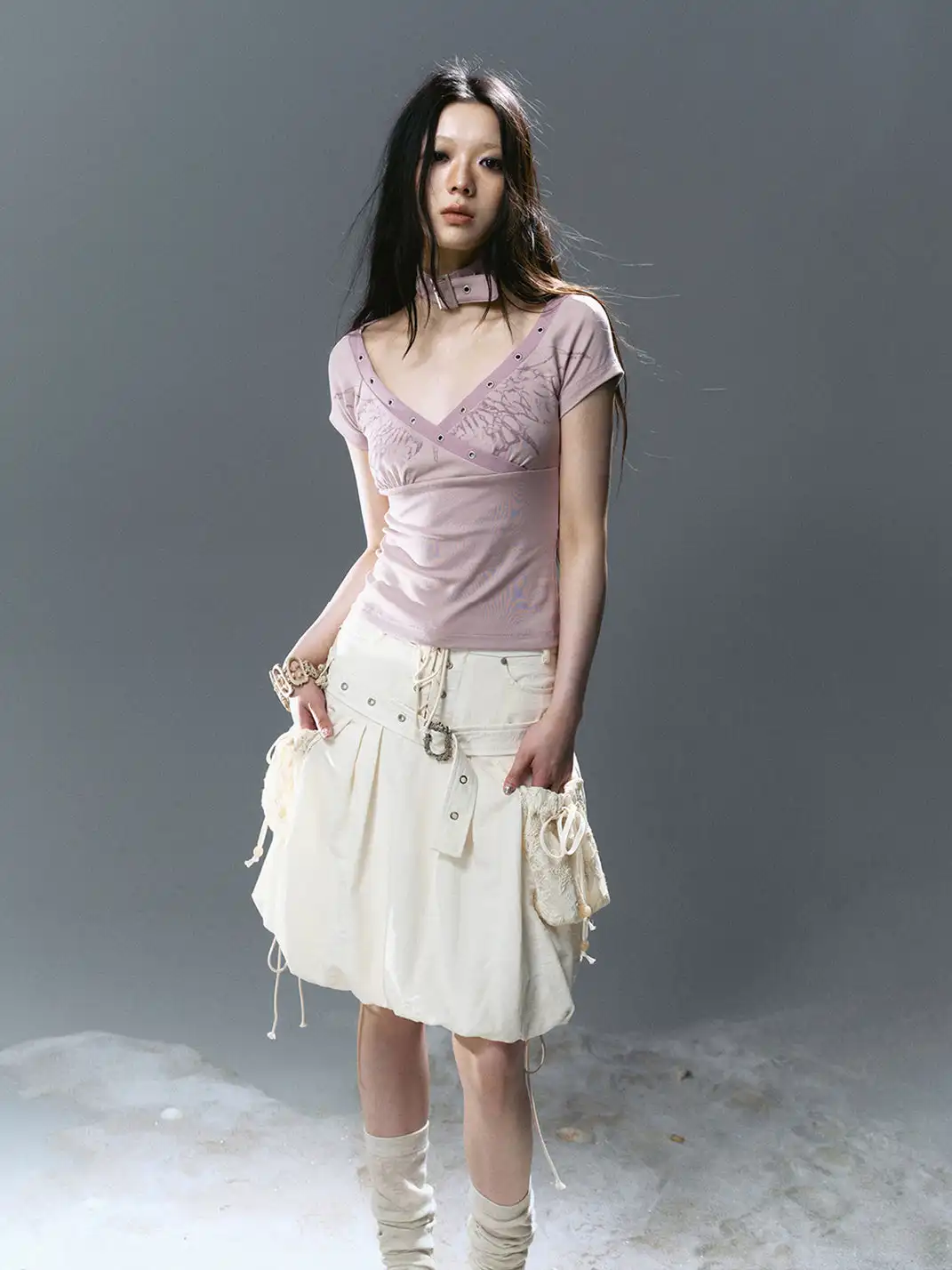 CestNous｜High Waist Studded Cargo Bubble Skirt-White
