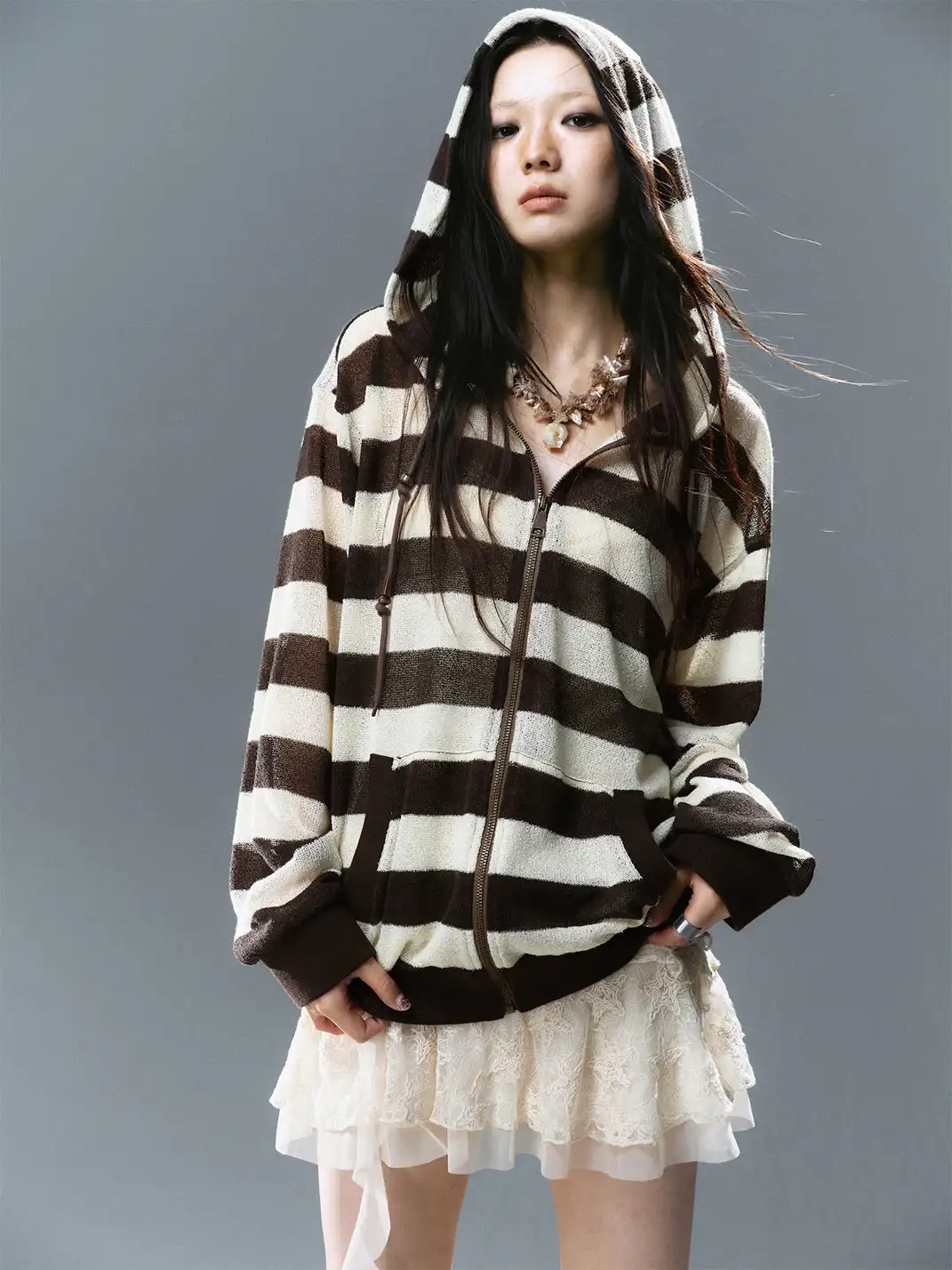 CestNous|Striped Knit Mesh Hoodie