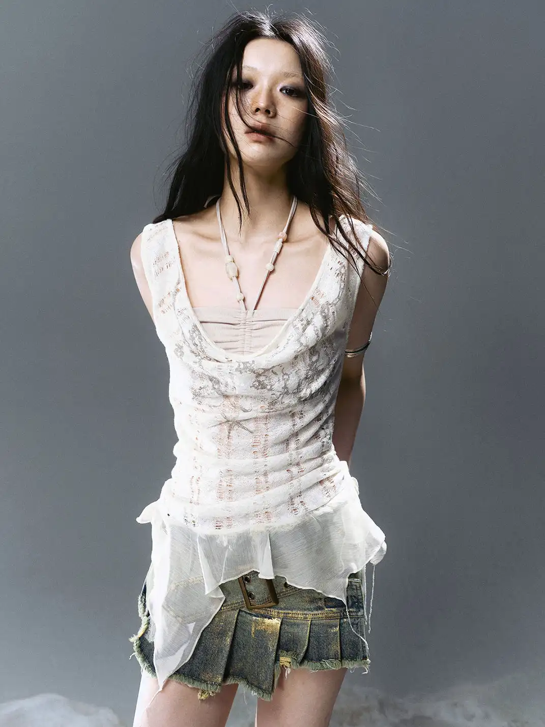 CestNous|Beaded Chiffon Cutout Cowl Neck Top-White
