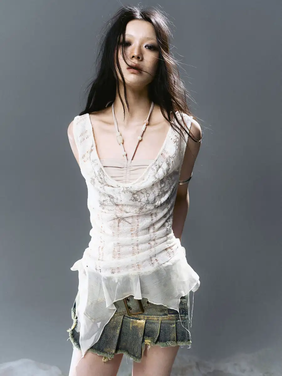 CestNous|Beaded Chiffon Cutout Cowl Neck Top-White - 2