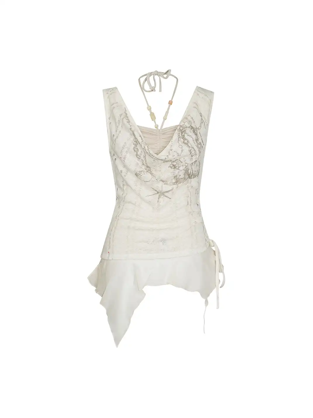 CestNous|Beaded Chiffon Cutout Cowl Neck Top-White