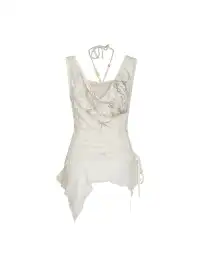 CestNous|Beaded Chiffon Cutout Cowl Neck Top-White
