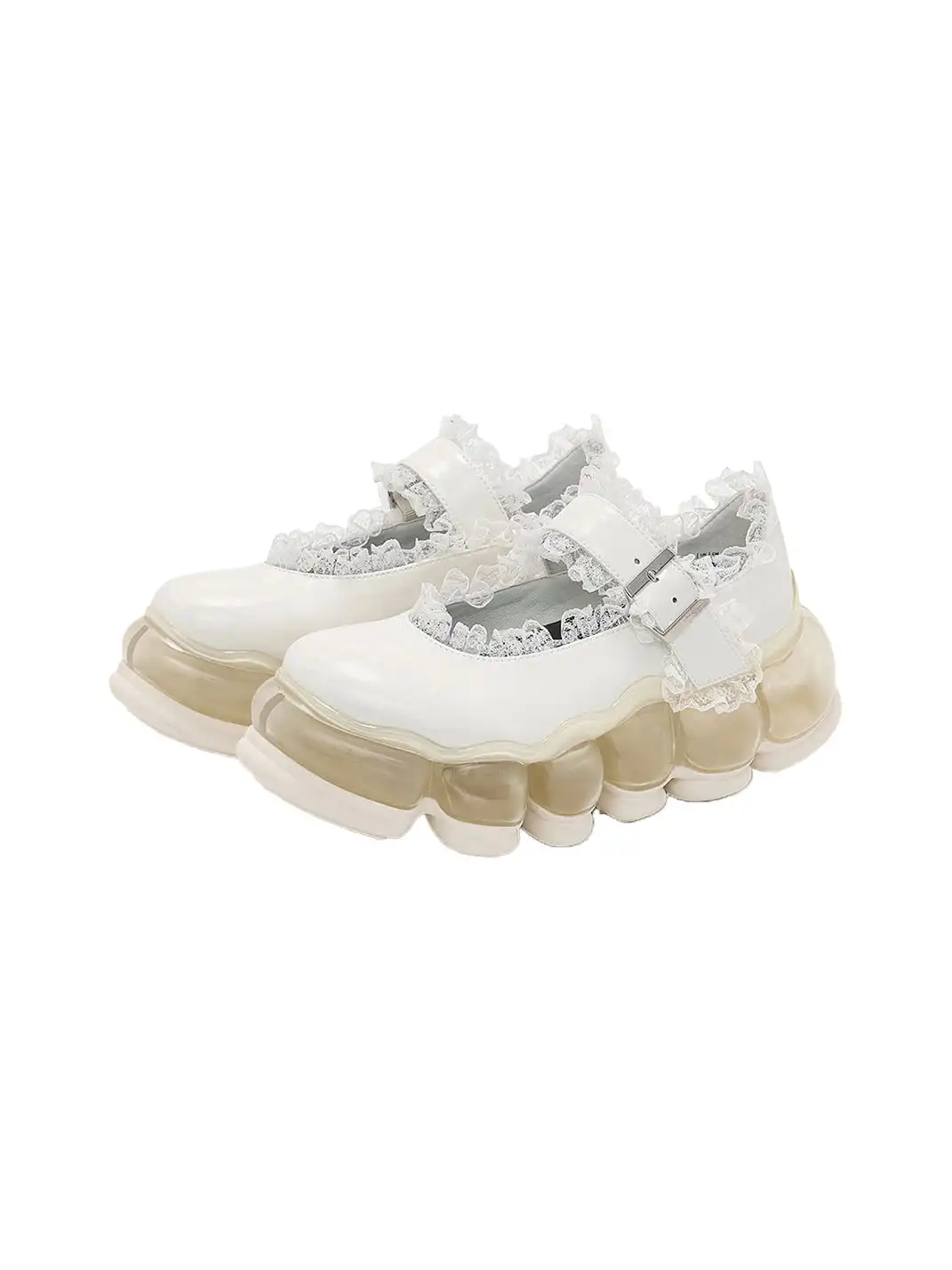 Lace Chunky Mary Jane Color Strap Shoes-White