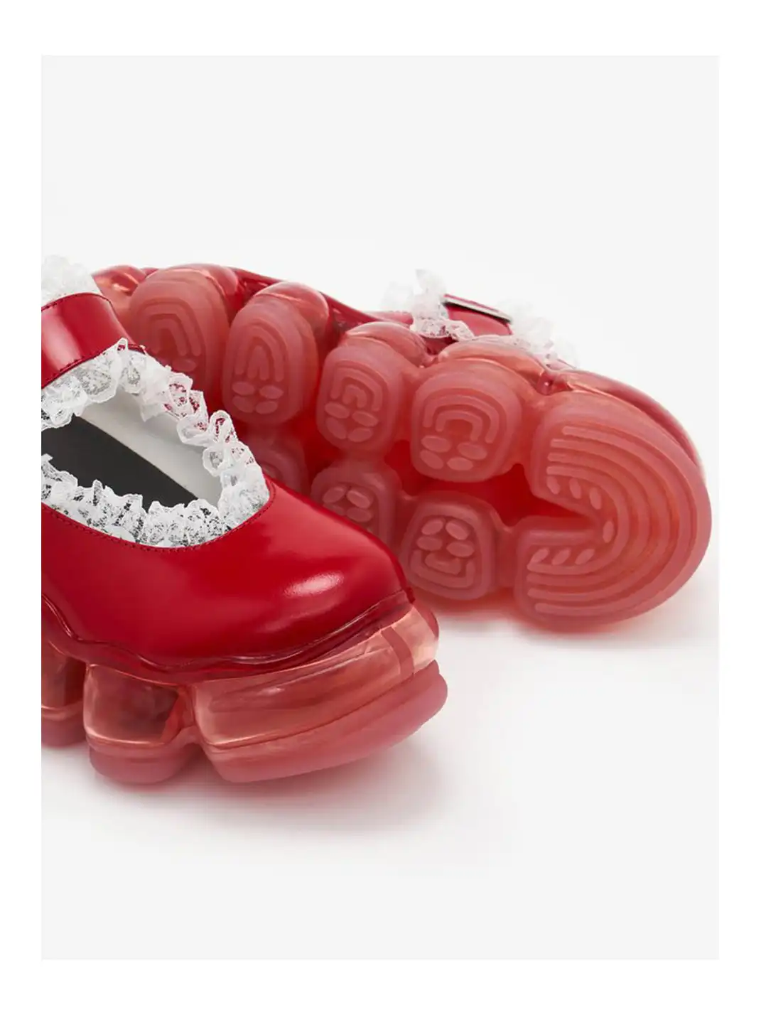 Lace Chunky Mary Jane Color Strap Shoes-Red