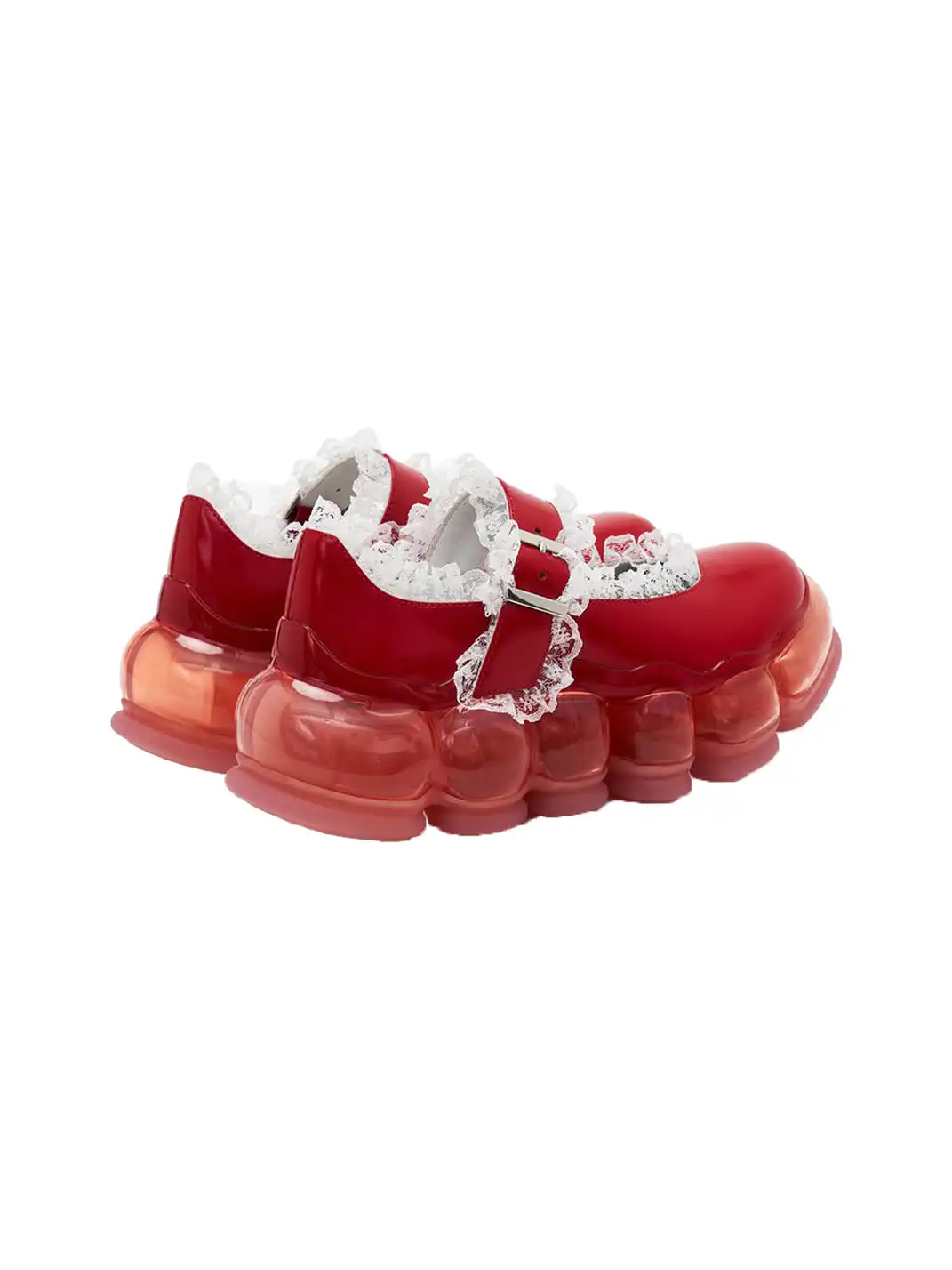 Lace Chunky Mary Jane Color Strap Shoes-Red