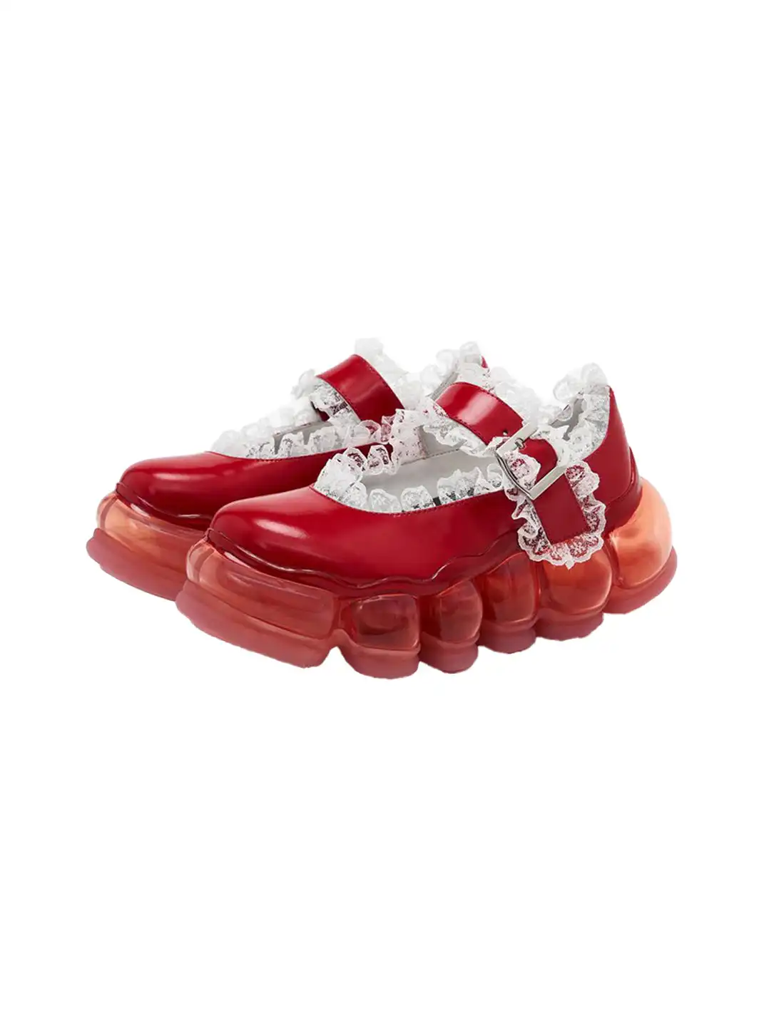 Lace Chunky Mary Jane Color Strap Shoes-Red