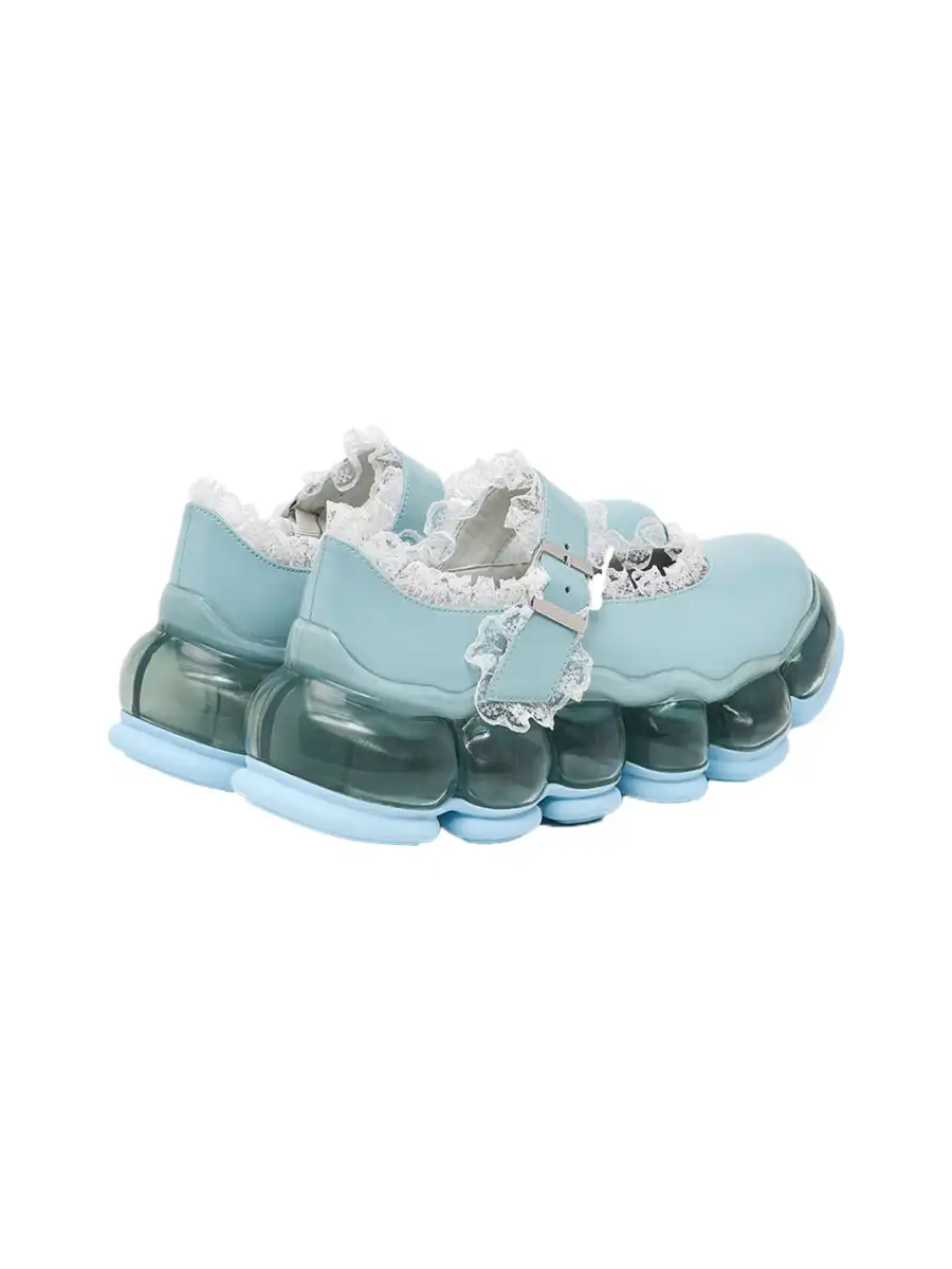 Lace Chunky Mary Jane Color Strap Shoes-Blue - 3