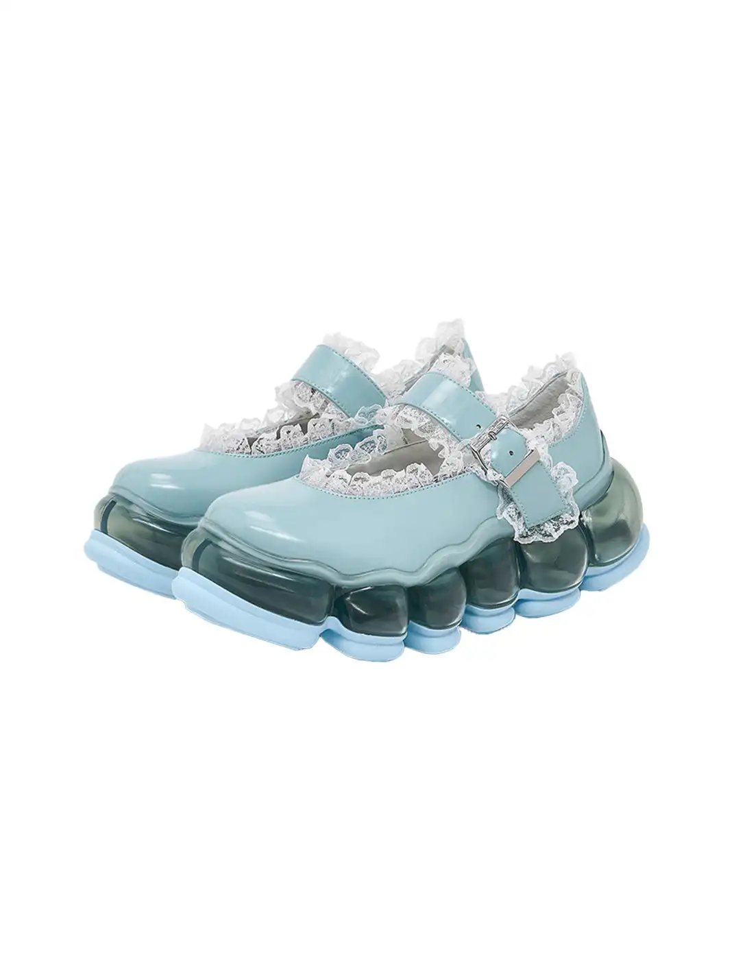 Lace Chunky Mary Jane Color Strap Shoes-Blue