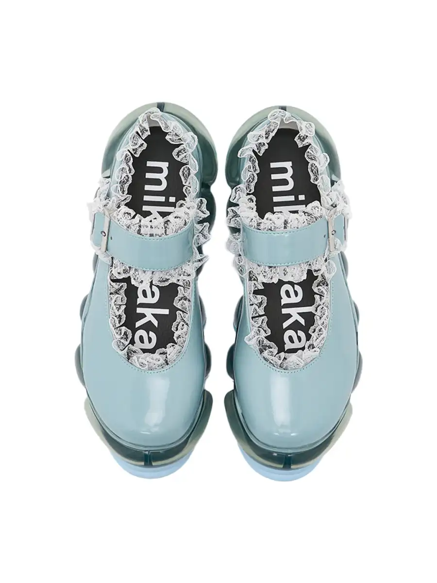 Lace Chunky Mary Jane Color Strap Shoes-Blue - 4
