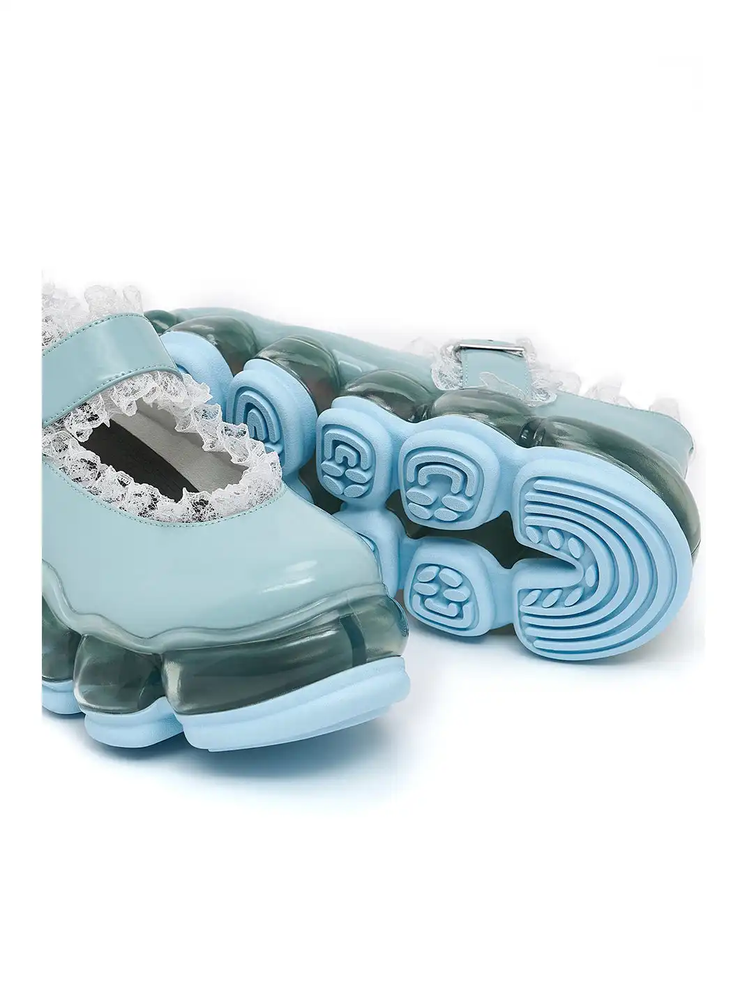 Lace Chunky Mary Jane Color Strap Shoes-Blue