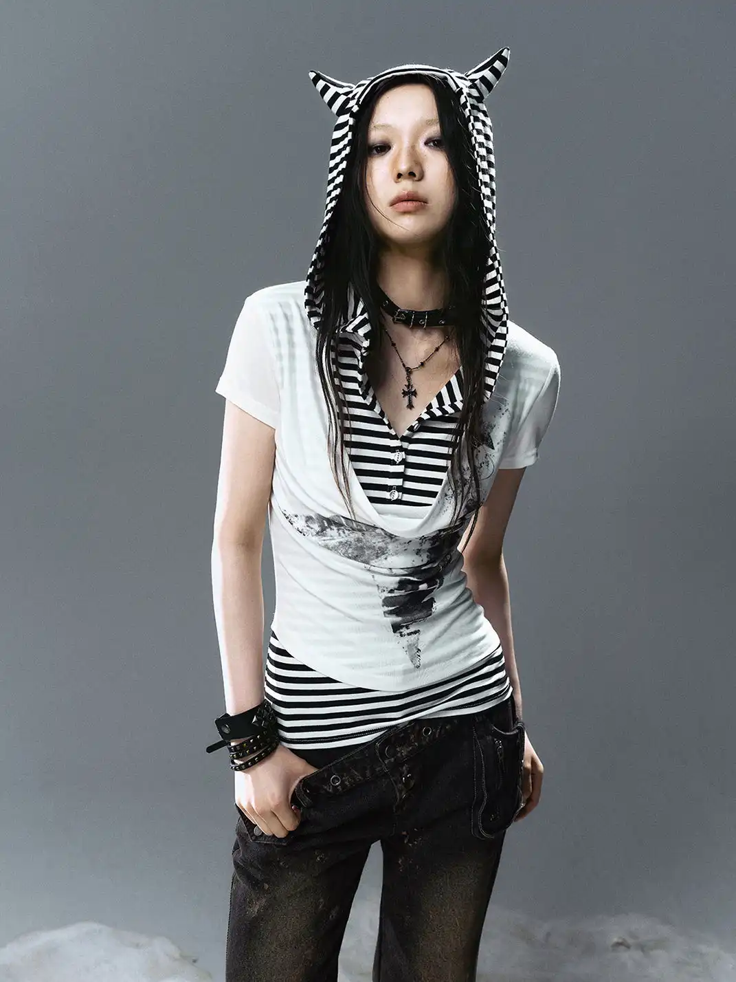CestNous|Women's Cat Ear Striped Layered T-Shirt