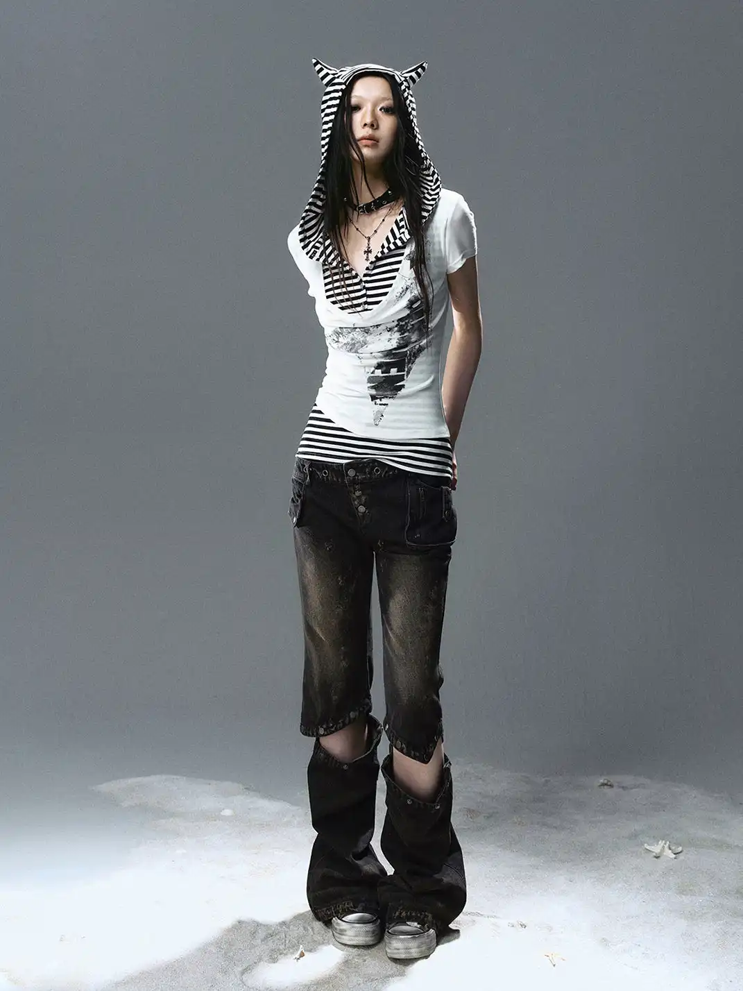 CestNous|Women's Cat Ear Striped Layered T-Shirt