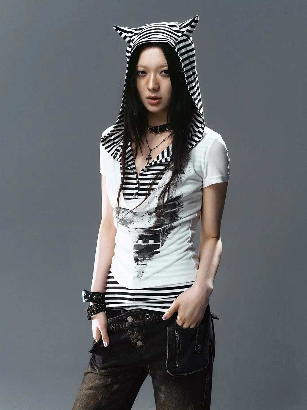 CestNous|Women's Cat Ear Striped Layered T-Shirt