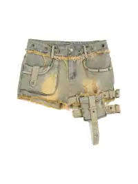 CestNous|Women's Washed Lace-Up Denim Shorts