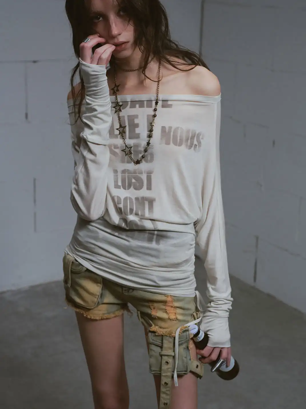 CestNous|Women's Washed Lace-Up Denim Shorts