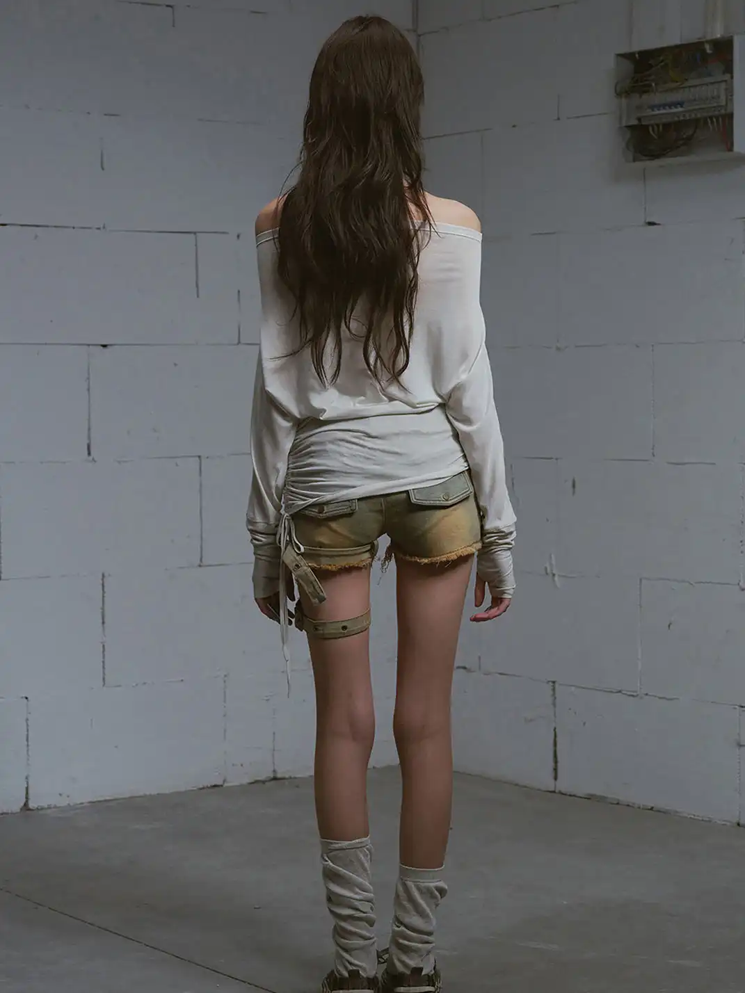 CestNous|Women's Washed Lace-Up Denim Shorts