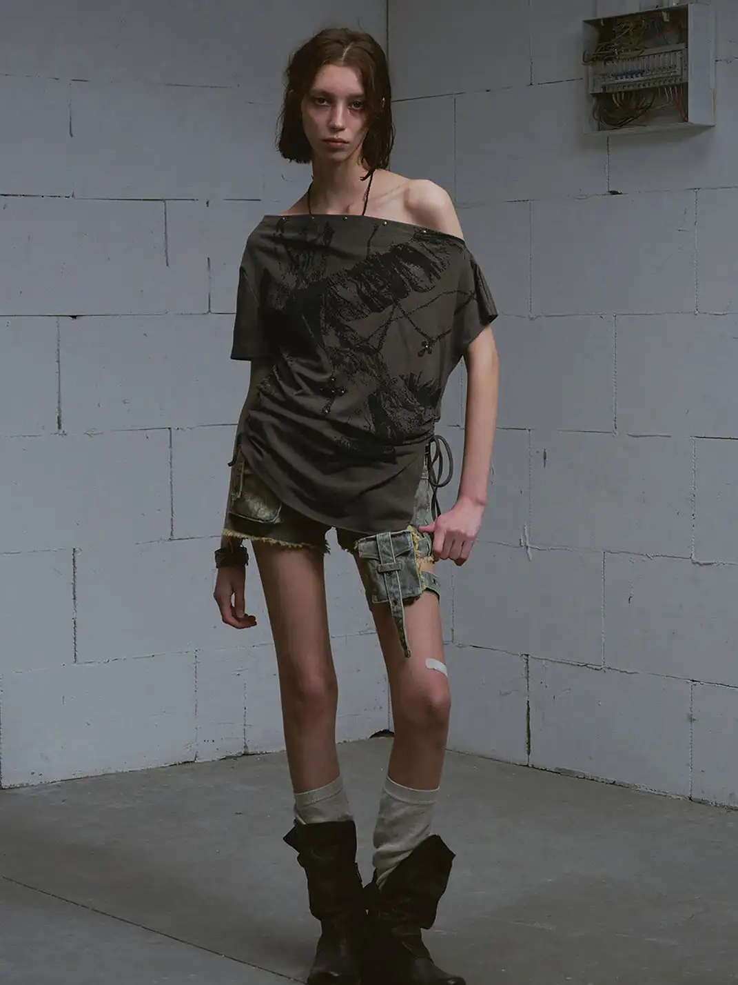 CestNous|Women's Washed Lace-Up Denim Shorts