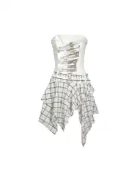 CestNous|Women's Graffiti Patchwork Plaid Dress-White