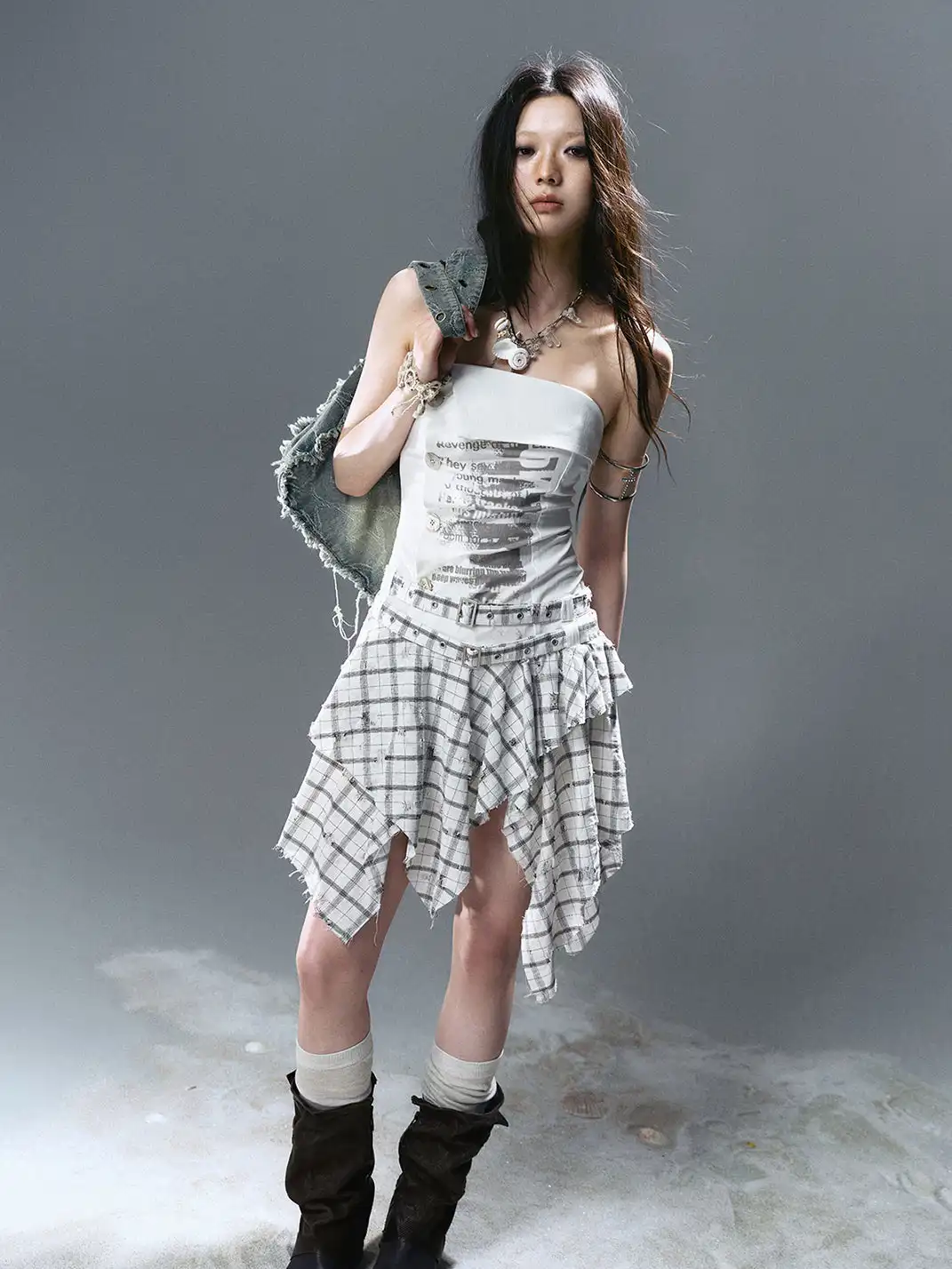 CestNous|Women's Graffiti Patchwork Plaid Dress-White