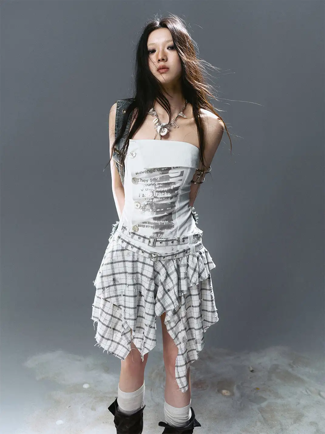 CestNous|Women's Graffiti Patchwork Plaid Dress-White