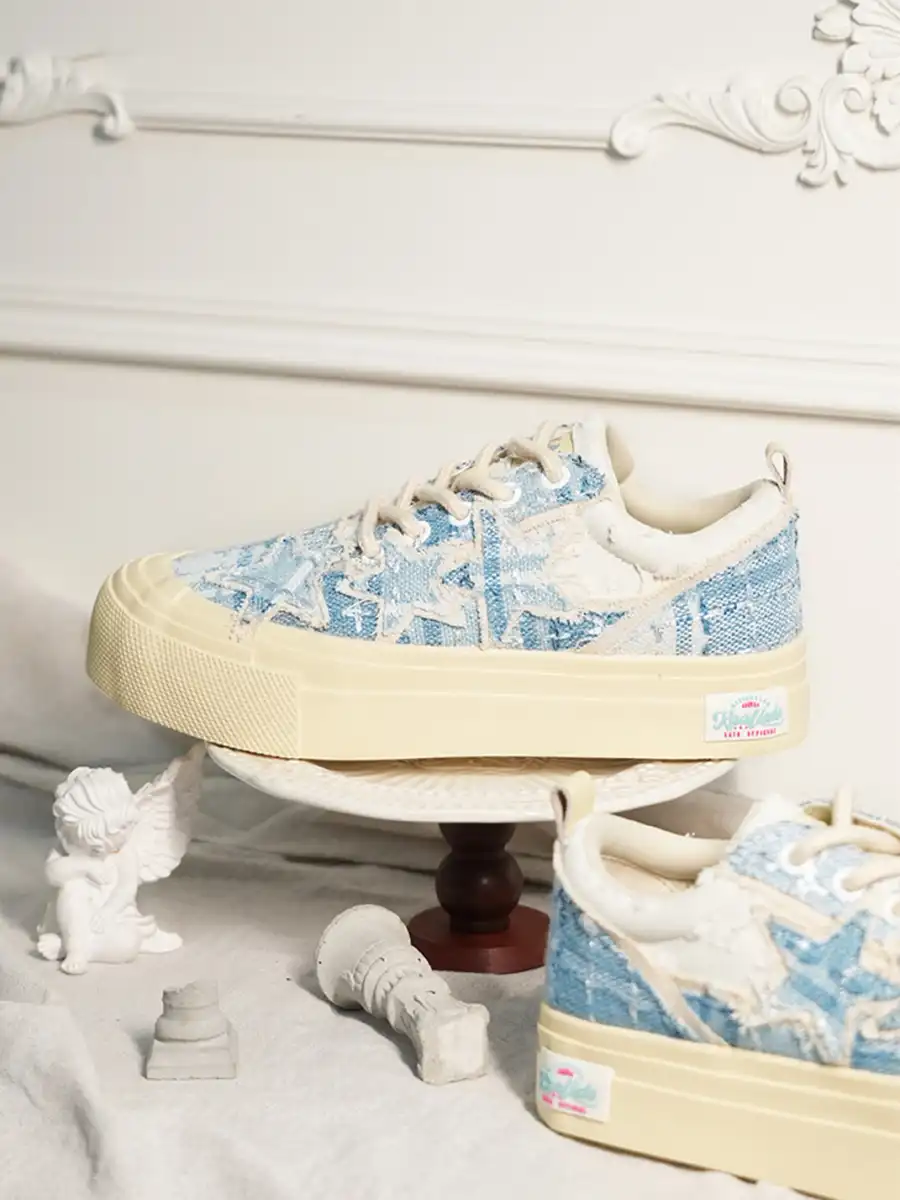 KAALIXTO | Star Pattern Low Top Canvas Sneakers-Blue - 2