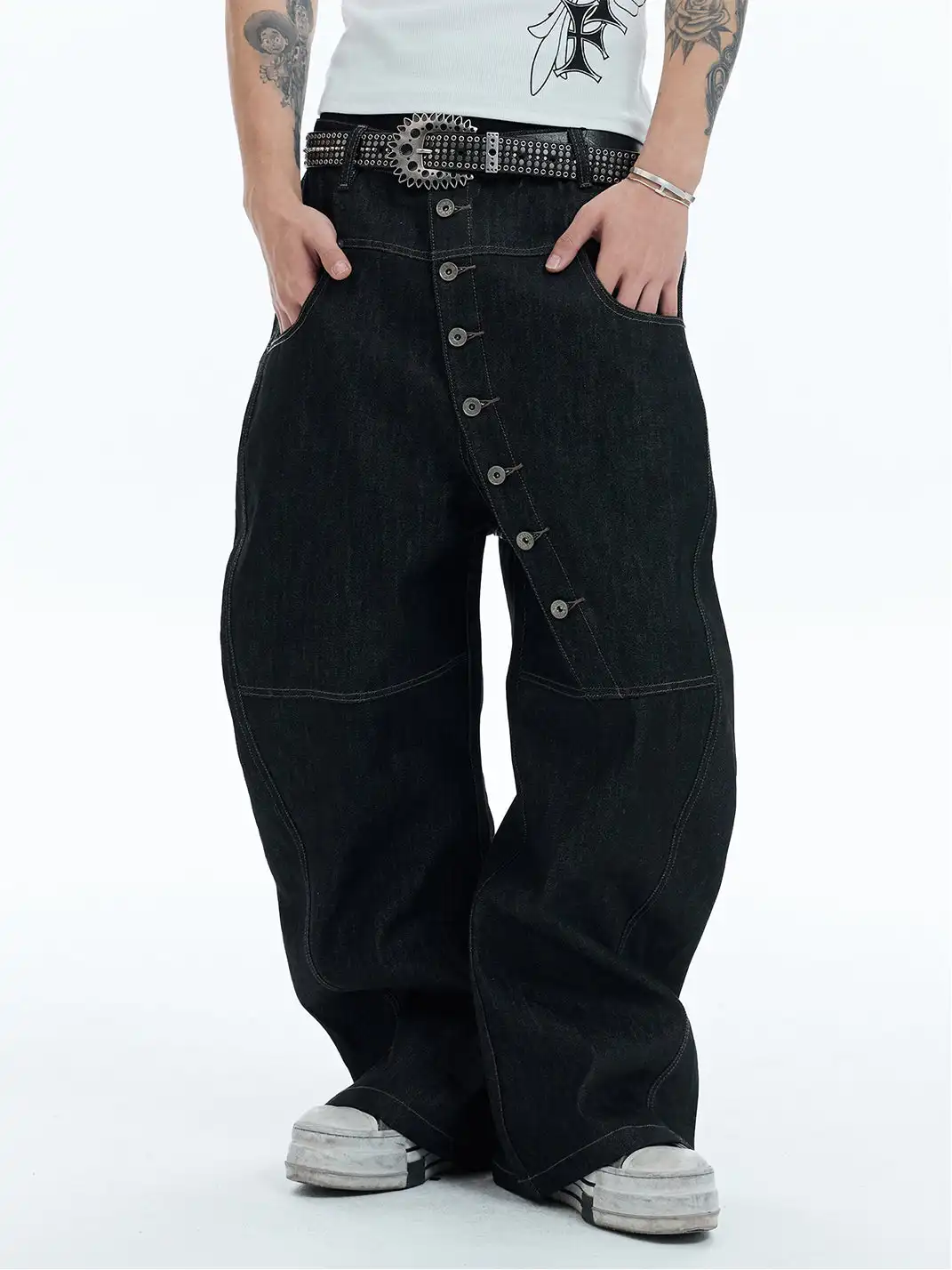 DND4DES | Curved Button Fly Baggy Raw Jeans