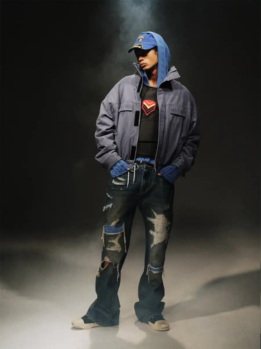 TREclub | Washed Blue Zip-Up Aviator Jacket - 2
