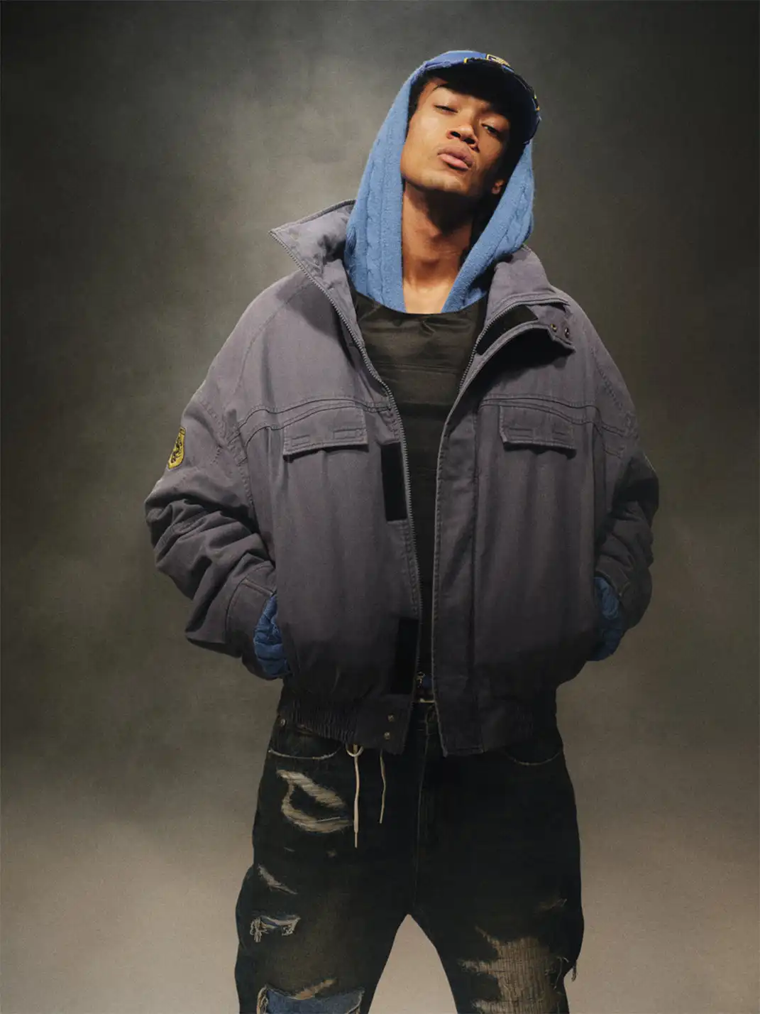 TREclub | Washed Blue Zip-Up Aviator Jacket