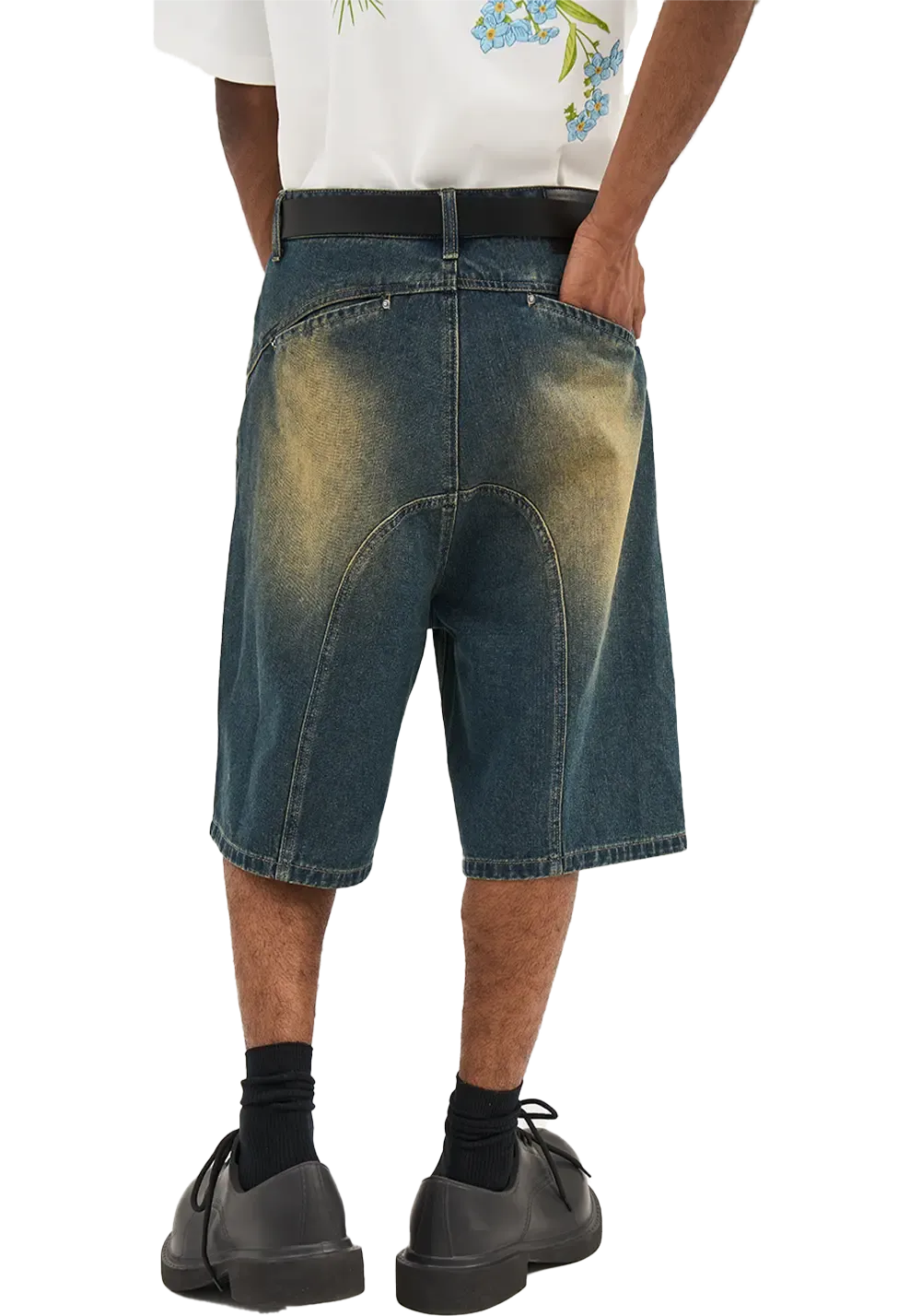 Vintage Yellow And Green Washed Pleated Straight Denim Shorts