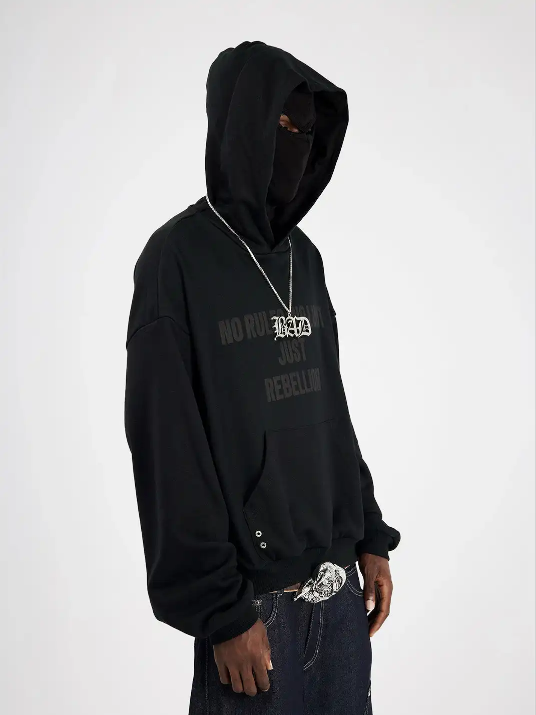 BE A DEVIL丨Embroidered Slogan Mask Oversized Hoodie