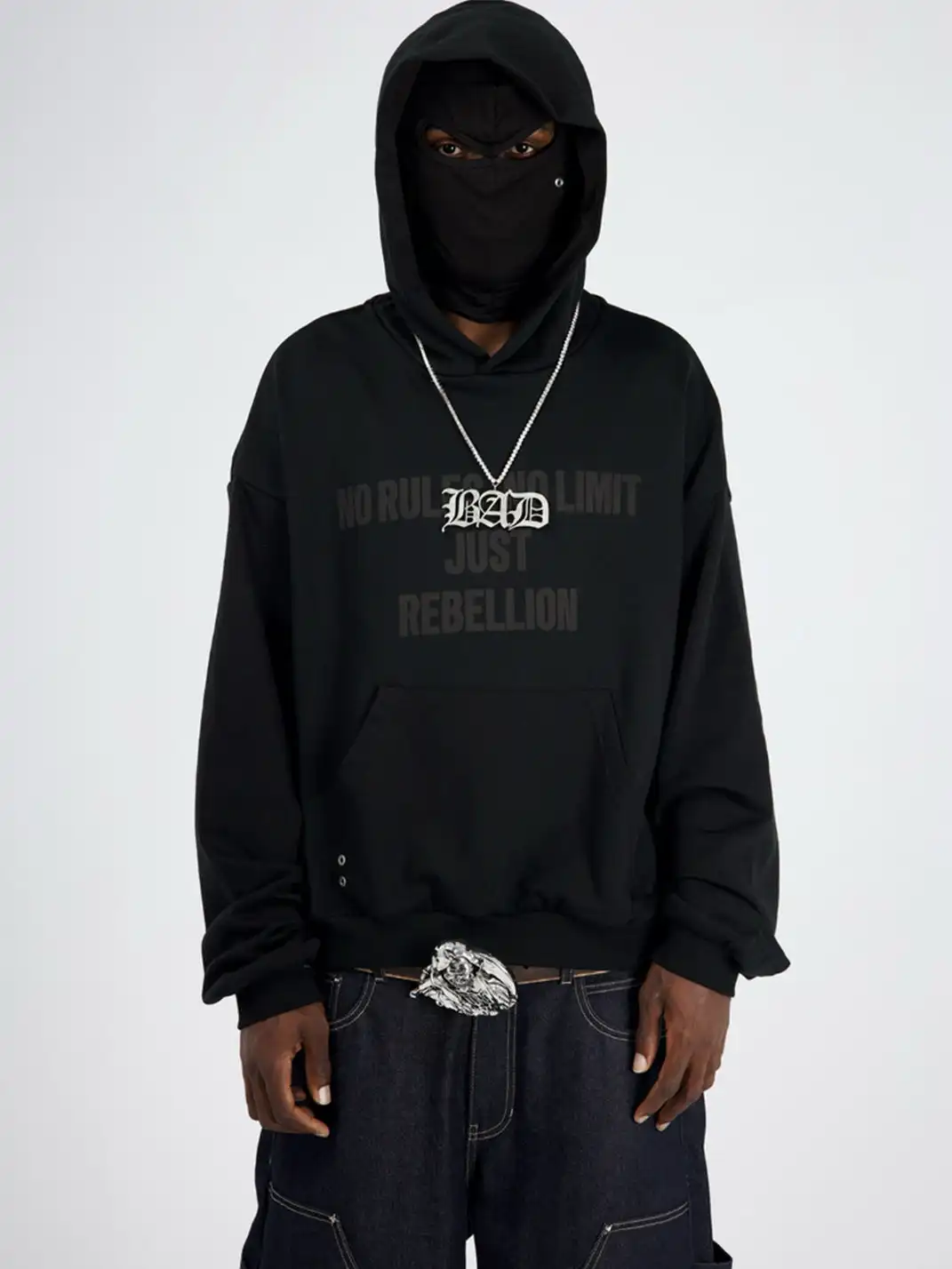 BE A DEVIL丨Embroidered Slogan Mask Oversized Hoodie