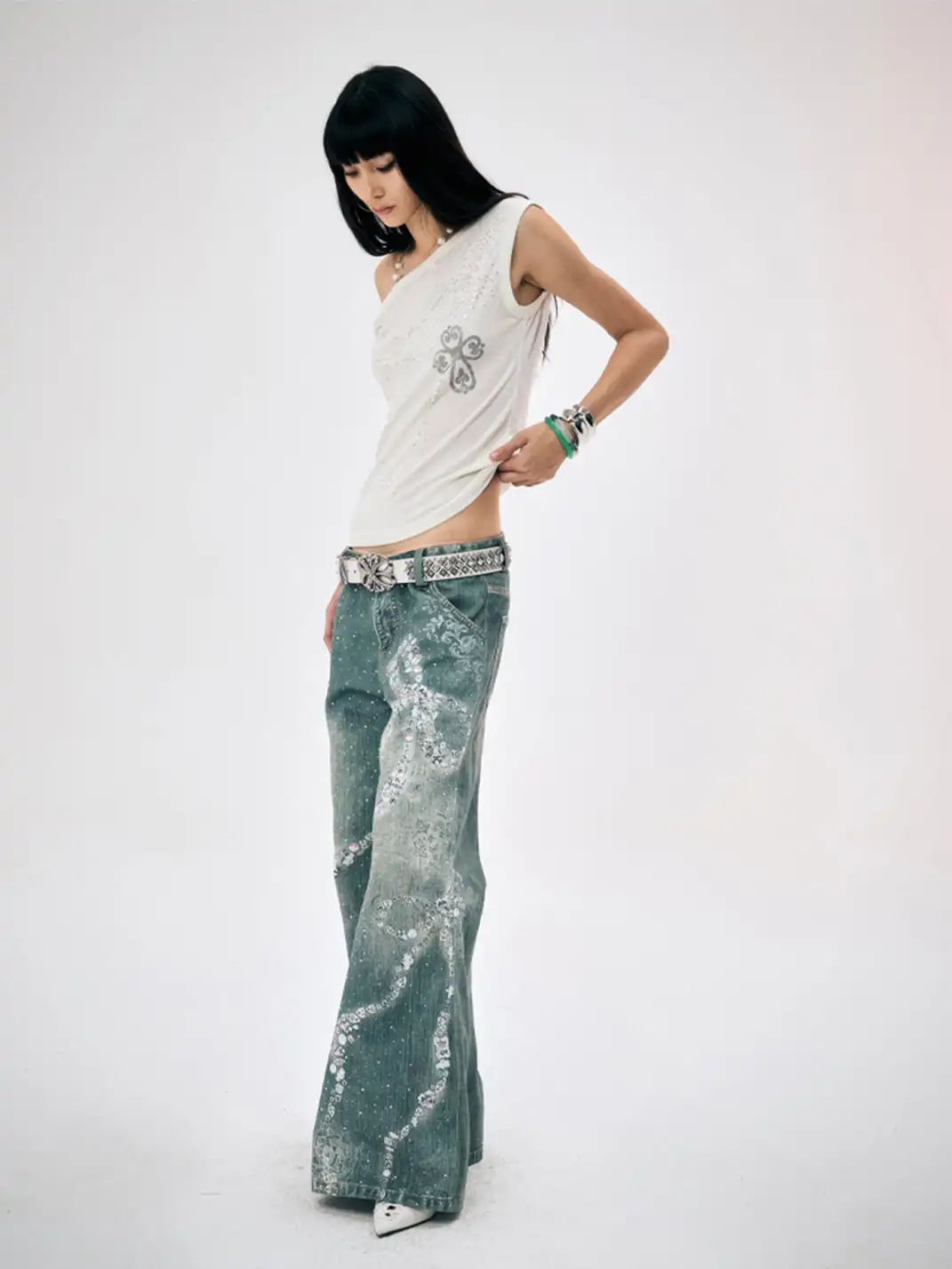 FayChui | Rhinestone Bow Wide-Leg 3D Print Pants