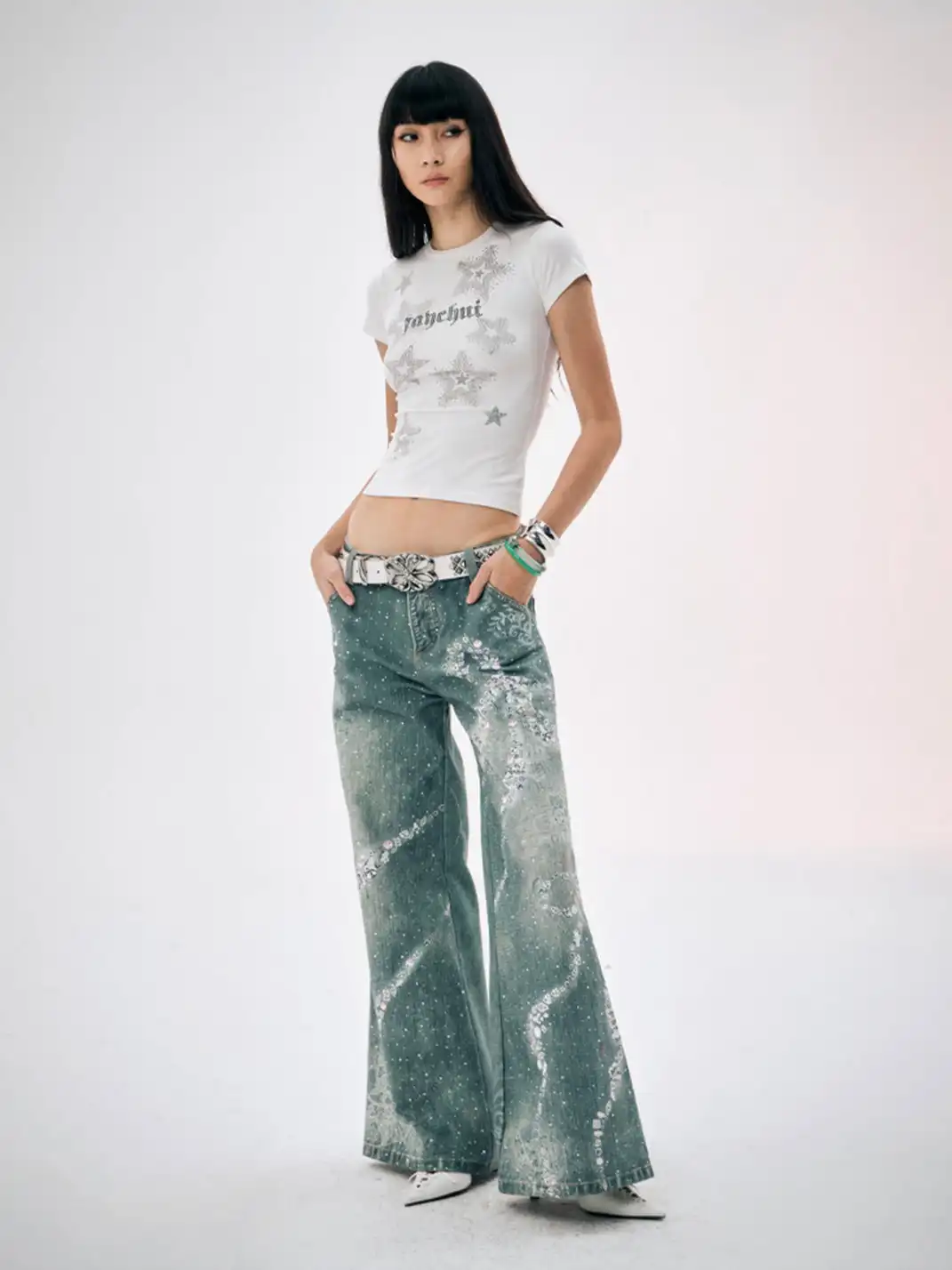 FayChui | Rhinestone Bow Wide-Leg 3D Print Pants