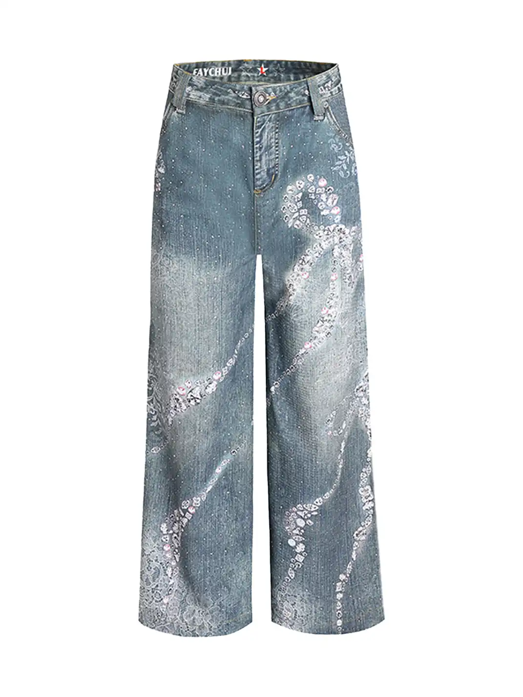 FayChui | Rhinestone Bow Wide-Leg 3D Print Pants