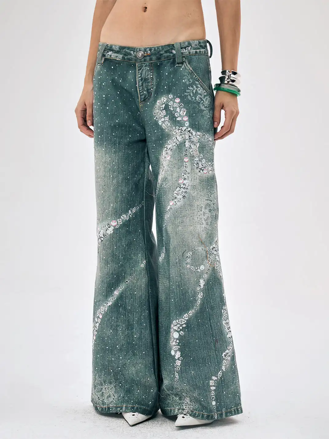 FayChui | Rhinestone Bow Wide-Leg 3D Print Pants