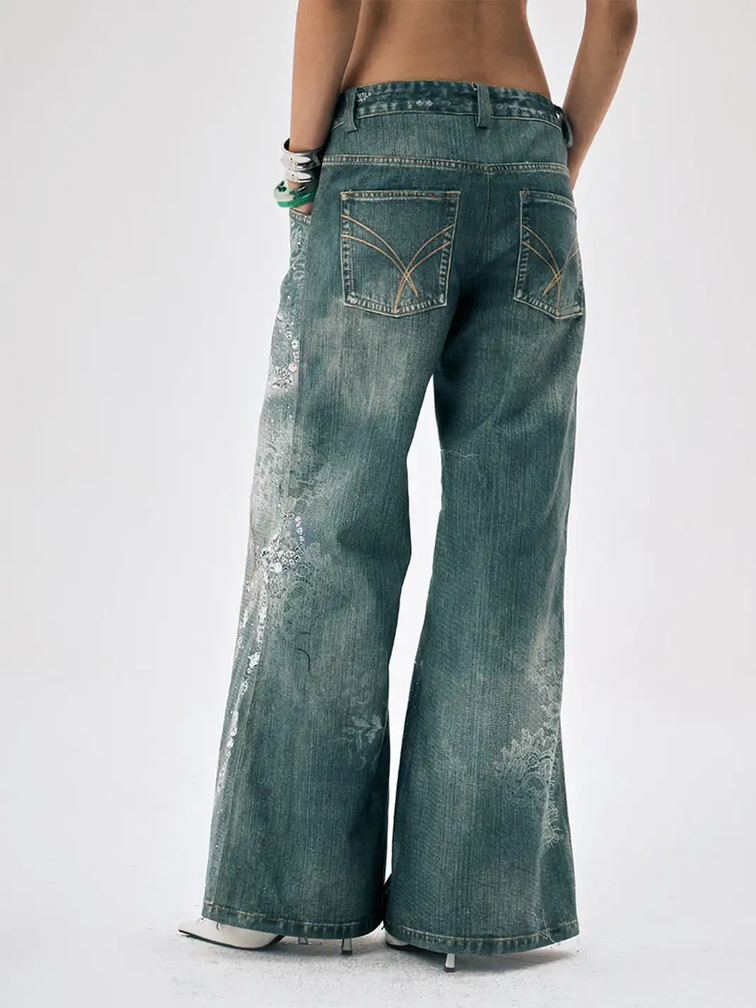 FayChui | Rhinestone Bow Wide-Leg 3D Print Pants
